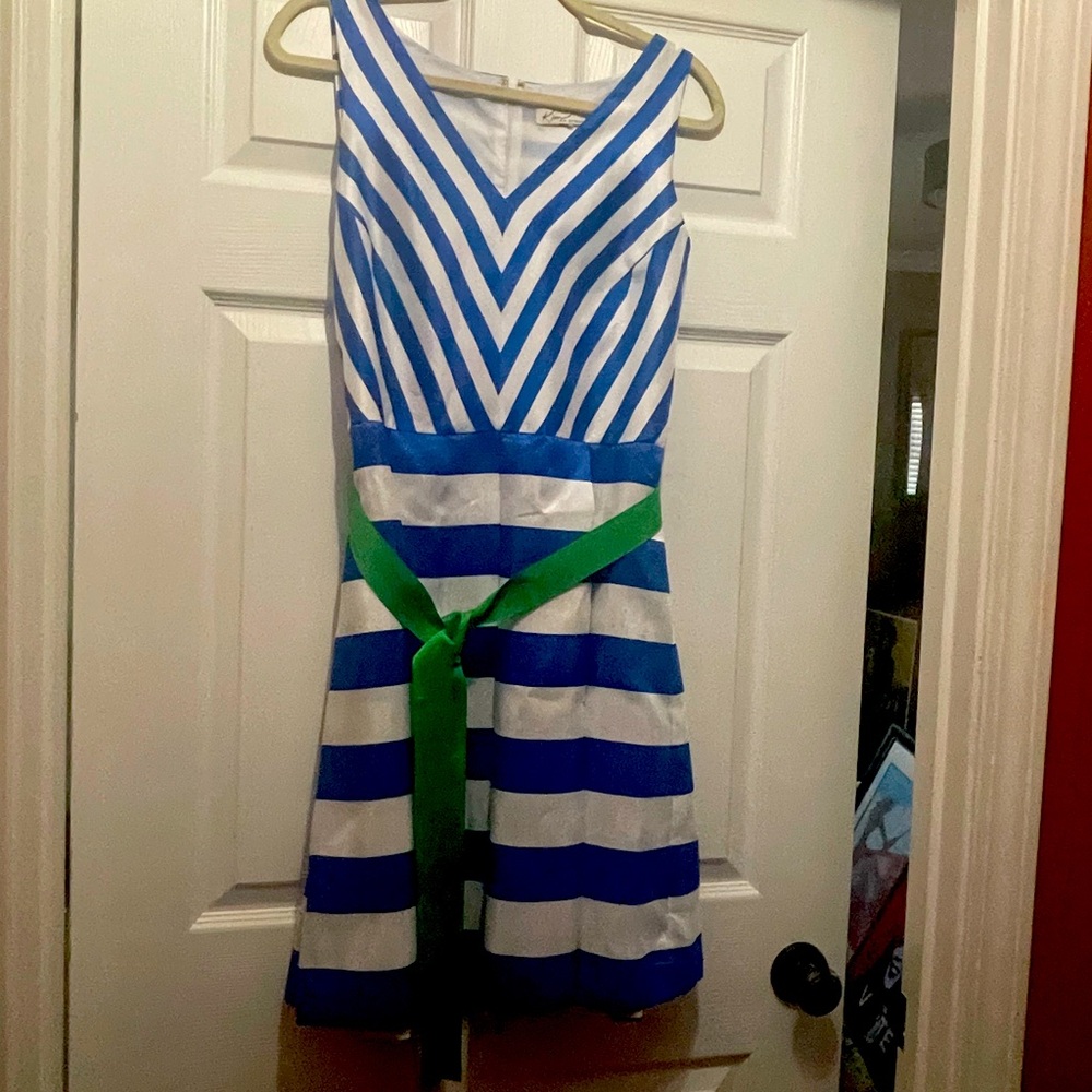 Kim Rogers Blue and White Striped Dress with Green Belt